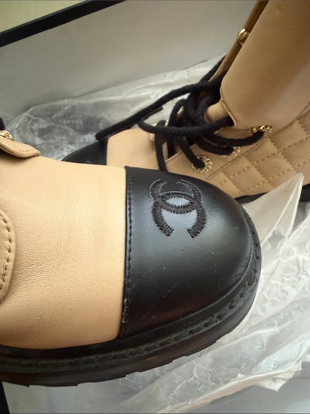 CHANEL Beige Quilted Lace-Up Ankle Boots with Black Cap Toe